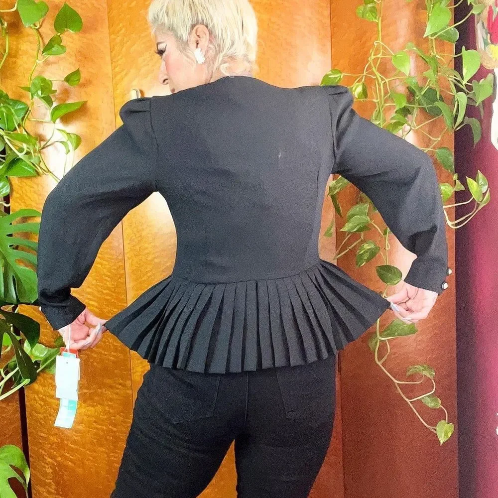NWT LESLIE FAY 1990’s 90s Vintage Black Crepe Box Pleat Peplum Suit Jacket 12 - Picture 8 of 11